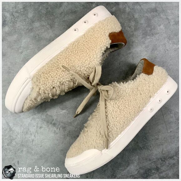 RAG & BONE STANDARD ISSUE SHEARLING LACE UP SNEAKERS IN IVORY RETRO SIZE 7.5 - Picture 3 of 15